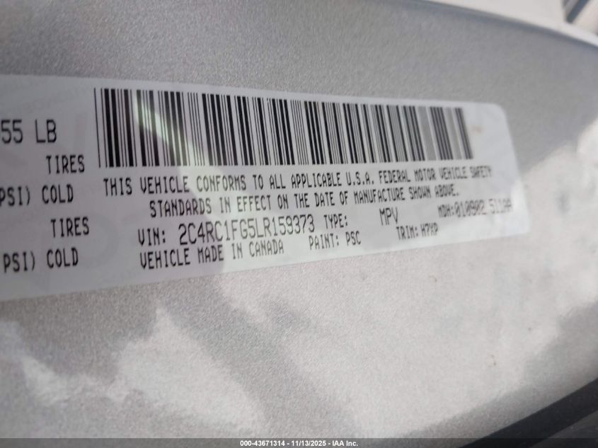 2020 Chrysler Pacifica Touring VIN: 2C4RC1FG5LR159373 Lot: 43671314