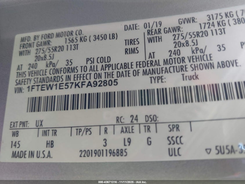 1FTEW1E57KFA92805 2019 FORD F-150 photo no. 9