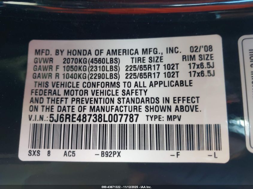 2008 Honda Cr-V Ex-L VIN: 5J6RE48738L007787 Lot: 43671322