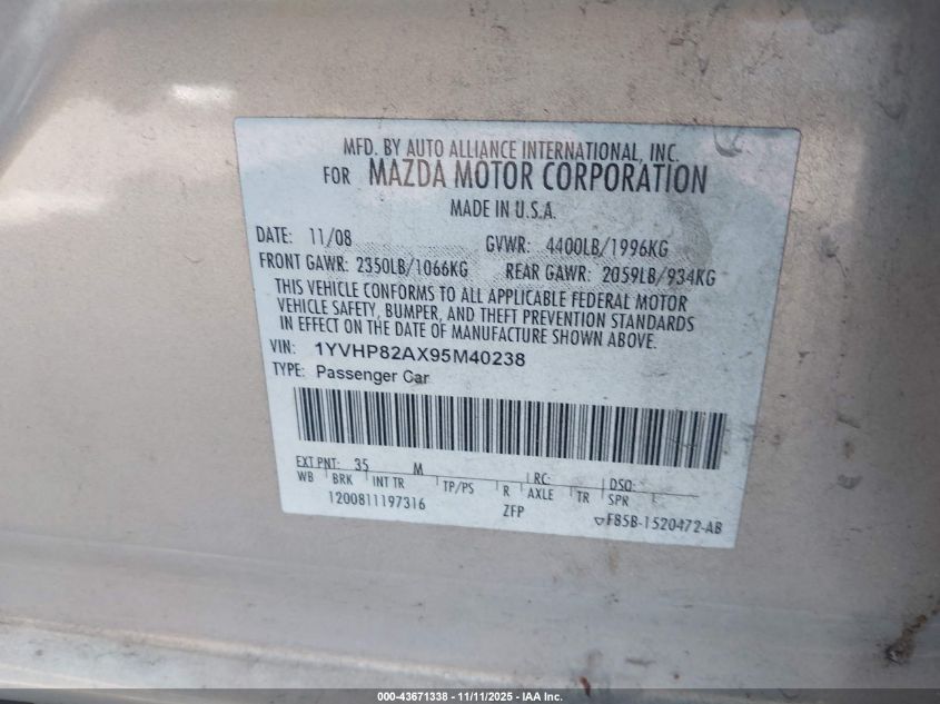2009 Mazda Mazda6 I Grand Touring VIN: 1YVHP82AX95M40238 Lot: 43671338