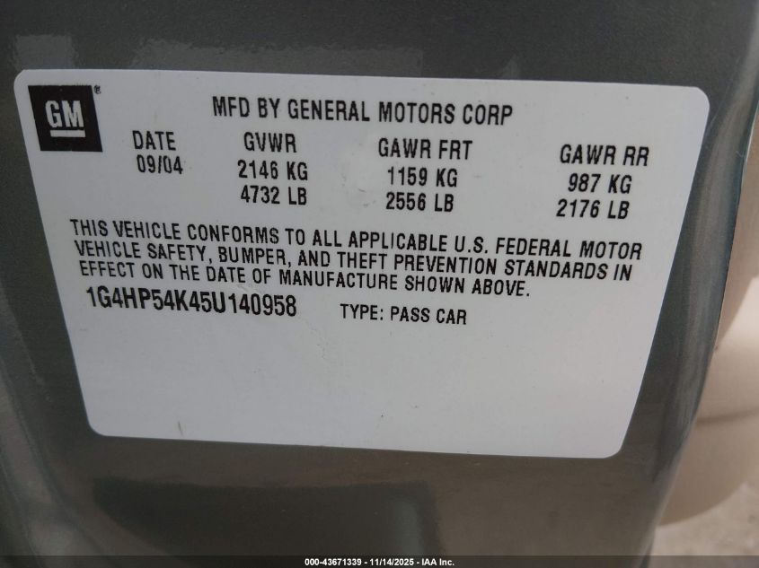 2005 Buick Lesabre Custom VIN: 1G4HP54K45U140958 Lot: 43671339