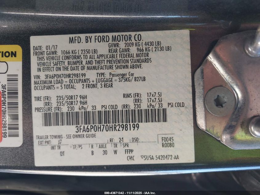 2017 FORD FUSION SE 3FA6P0H70HR298199