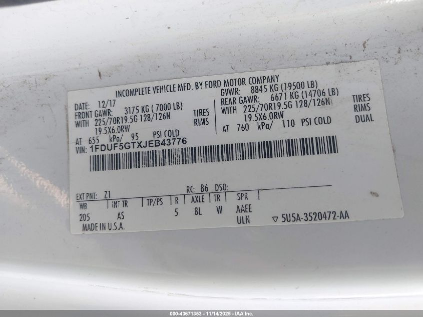 2018 Ford F-550 Chassis Xl VIN: 1FDUF5GTXJEB43776 Lot: 43671353