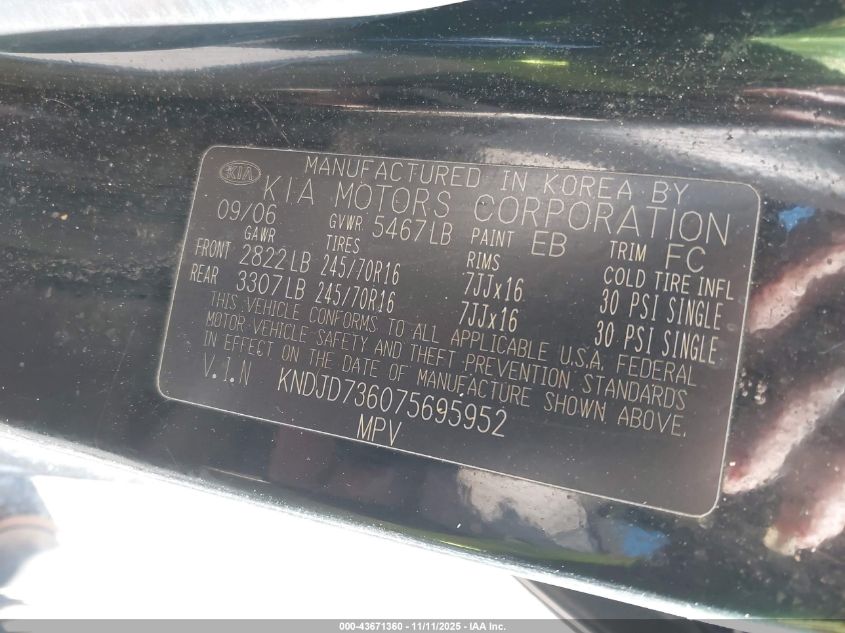 2007 Kia Sorento VIN: KNDJD736075695952 Lot: 43671360