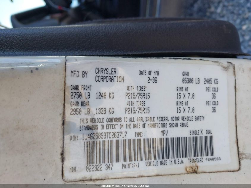 1996 Jeep Grand Cherokee Laredo VIN: 1J4GZ58S3TC263717 Lot: 43671363