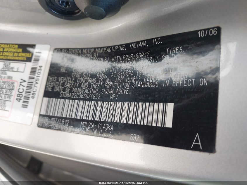 2006 Toyota Sienna Xle Limited VIN: 5TDBA22C36S074852 Lot: 43671369