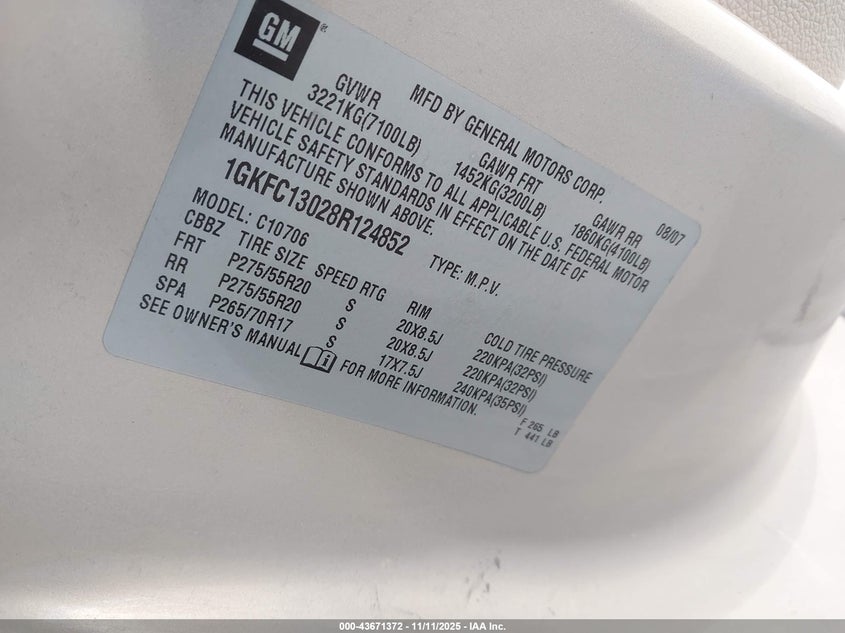 2008 GMC Yukon Slt VIN: 1GKFC13028R124852 Lot: 43671372
