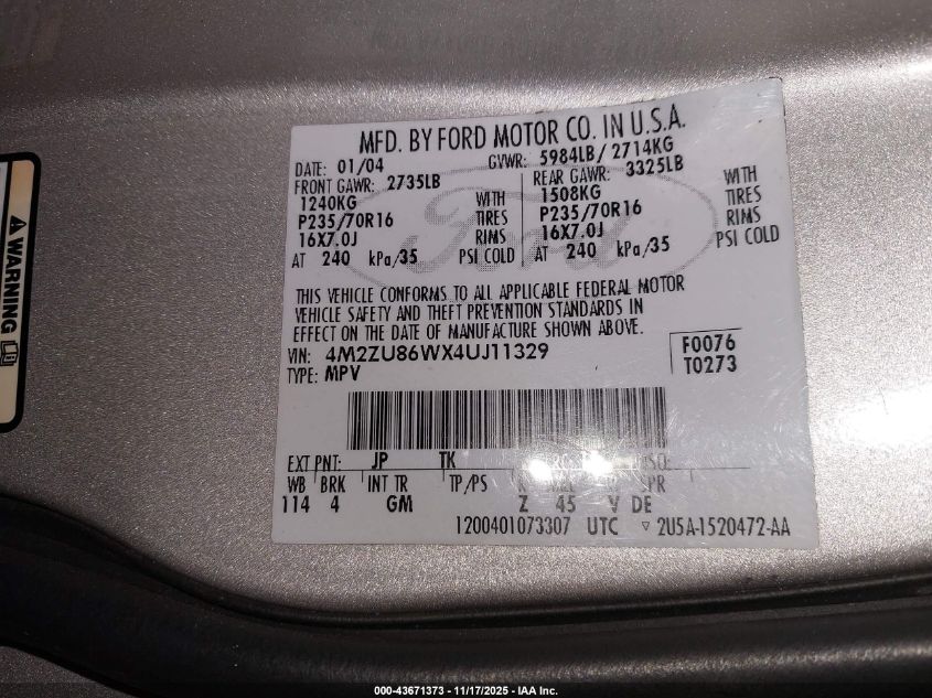 2004 Mercury Mountaineer VIN: 4M2ZU86WX4UJ11329 Lot: 43671373