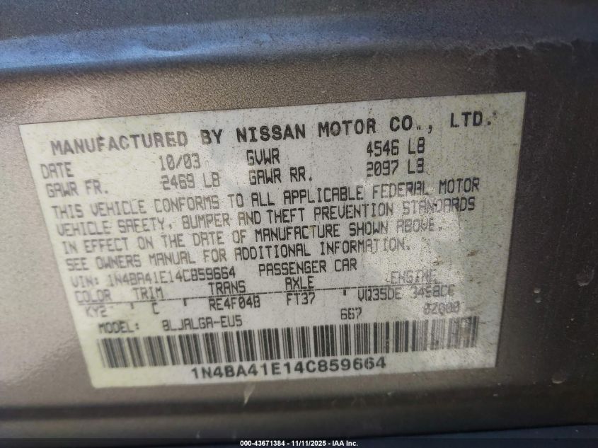 2004 Nissan Maxima 3.5 Sl VIN: 1N4BA41E14C859664 Lot: 43671384