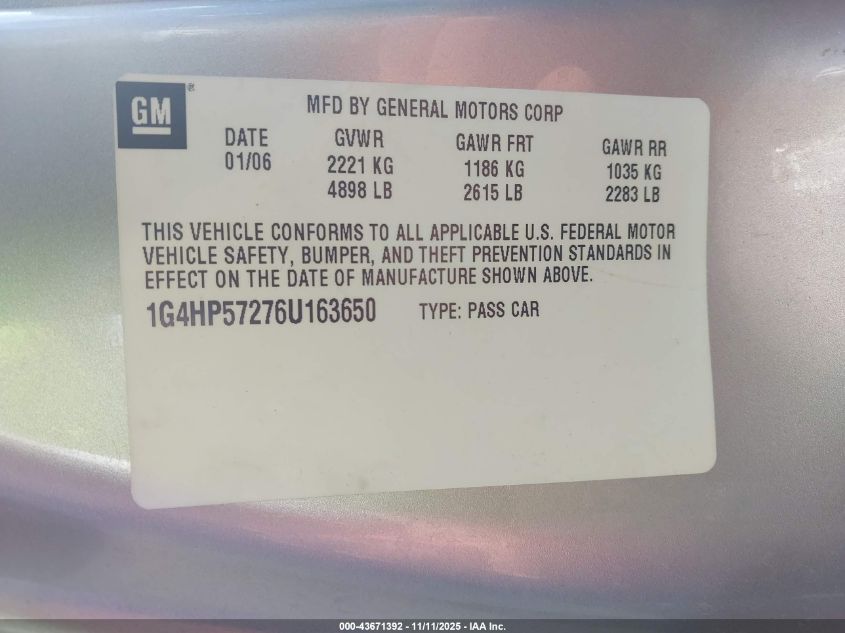 2006 Buick Lucerne Cx VIN: 1G4HP57276U163650 Lot: 43671392
