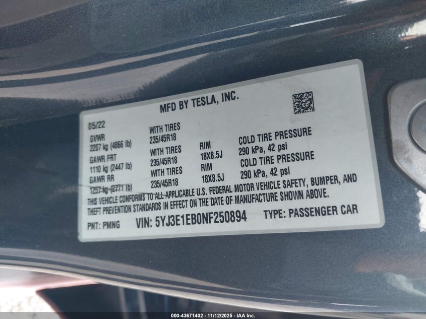 2022 Tesla Model 3 Long Range Dual Motor All-Wheel Drive VIN: 5YJ3E1EB0NF250894 Lot: 43671402