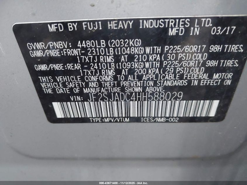 2017 Subaru Forester 2.5I Premium VIN: JF2SJADC4HH588029 Lot: 43671408