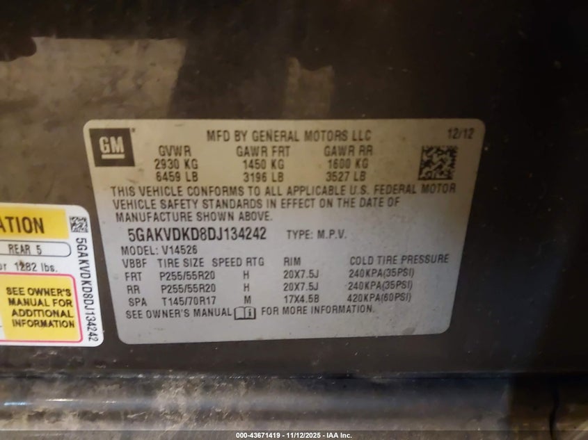 2013 Buick Enclave Premium VIN: 5GAKVDKD8DJ134242 Lot: 43671419