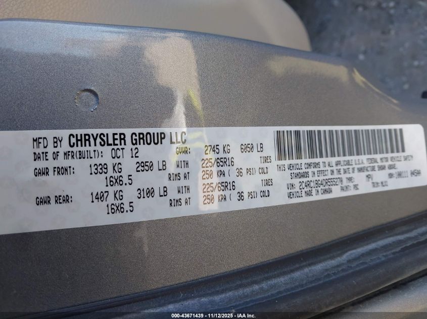 2013 Chrysler Town & Country Touring VIN: 2C4RC1BG4DR555270 Lot: 43671439