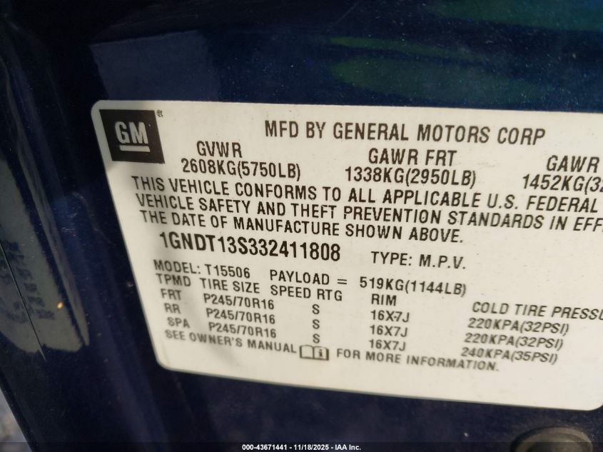 2003 Chevrolet Trailblazer Ls VIN: 1GNDT13S332411808 Lot: 43671441