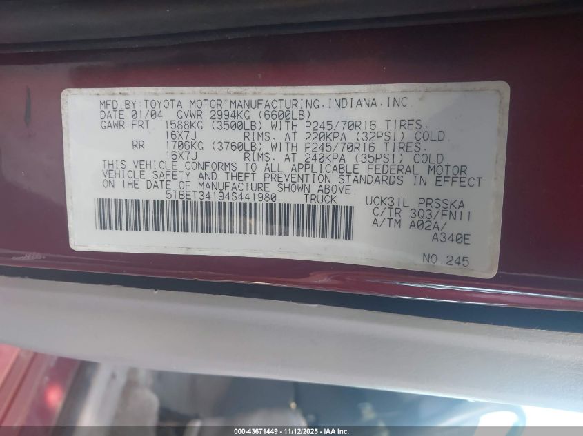 2004 Toyota Tundra Sr5 V8 VIN: 5TBET34194S441980 Lot: 43671449