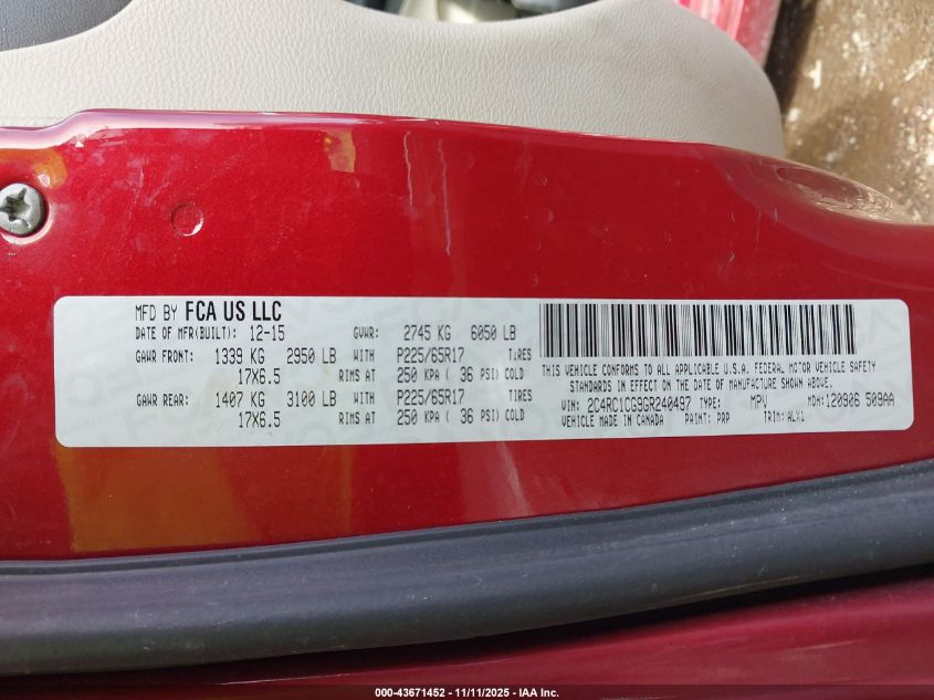 2016 Chrysler Town & Country Touring-L VIN: 2C4RC1CG9GR240497 Lot: 43671452