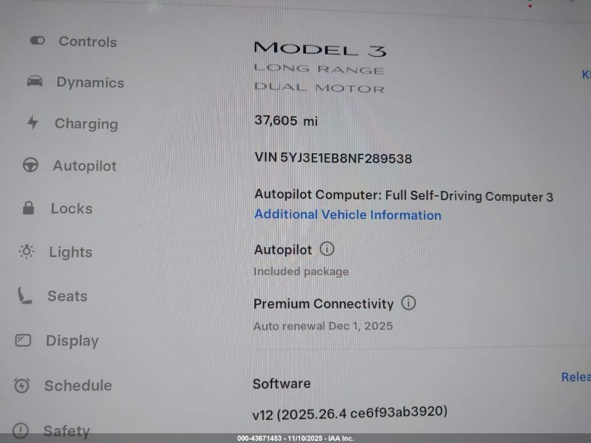2022 Tesla Model 3 Long Range Dual Motor All-Wheel Drive VIN: 5YJ3E1EB8NF289538 Lot: 43671453