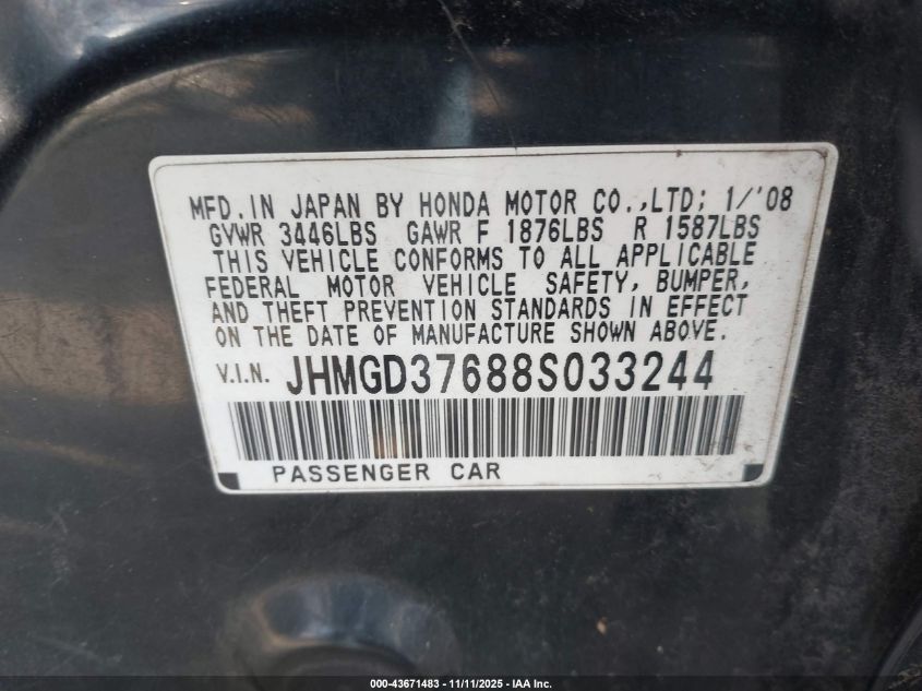 2008 Honda Fit Sport VIN: JHMGD37688S033244 Lot: 43671483