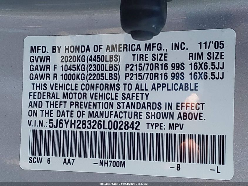 2006 Honda Element Lx VIN: 5J6YH28326L002842 Lot: 43671485