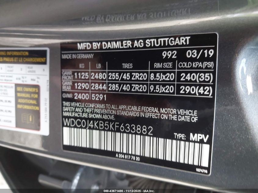 2019 Mercedes-Benz Glc 300 Coupe 4Matic VIN: WDC0J4KB5KF633882 Lot: 43671486