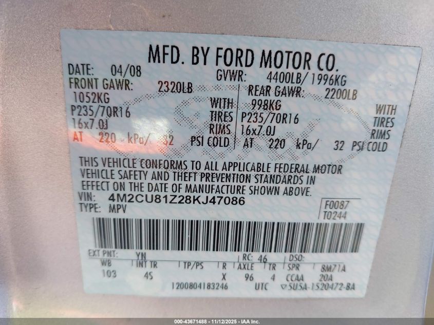 2008 Mercury Mariner I4 VIN: 4M2CU81Z28KJ47086 Lot: 43671488