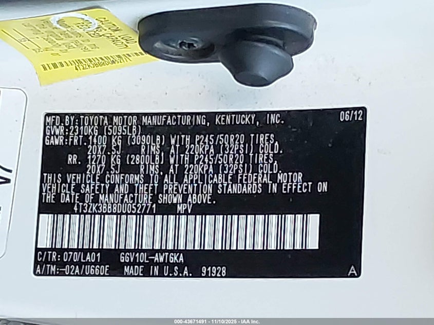 2013 TOYOTA VENZA XLE V6 4T3ZK3BB8DU052771