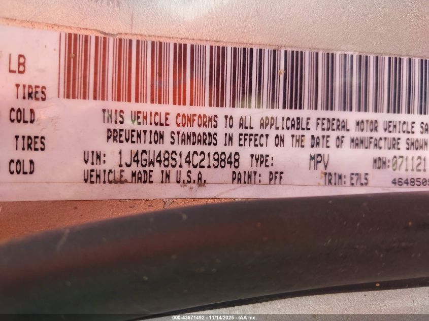 2004 Jeep Grand Cherokee Laredo VIN: 1J4GW48S14C219848 Lot: 43671492