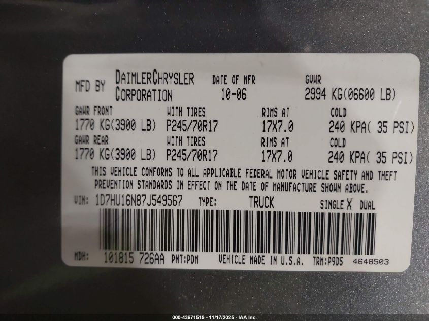 2007 Dodge Ram 1500 St VIN: 1D7HU16N87J549567 Lot: 43671519