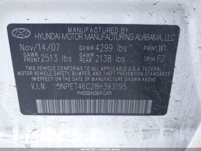 2008 Hyundai Sonata Gls VIN: 5NPET46C28H393195 Lot: 43671537