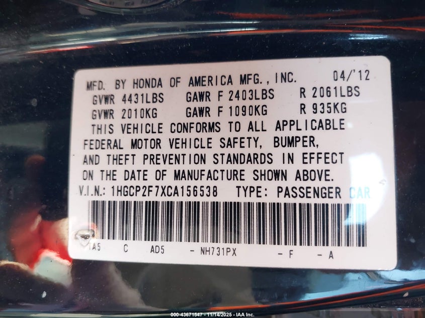 1HGCP2F7XCA156538 2012 HONDA ACCORD photo no. 9