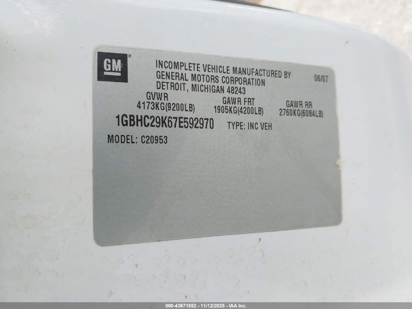 2007 Chevrolet Silverado 2500Hd Work Truck VIN: 1GBHC29K67E592970 Lot: 43671552