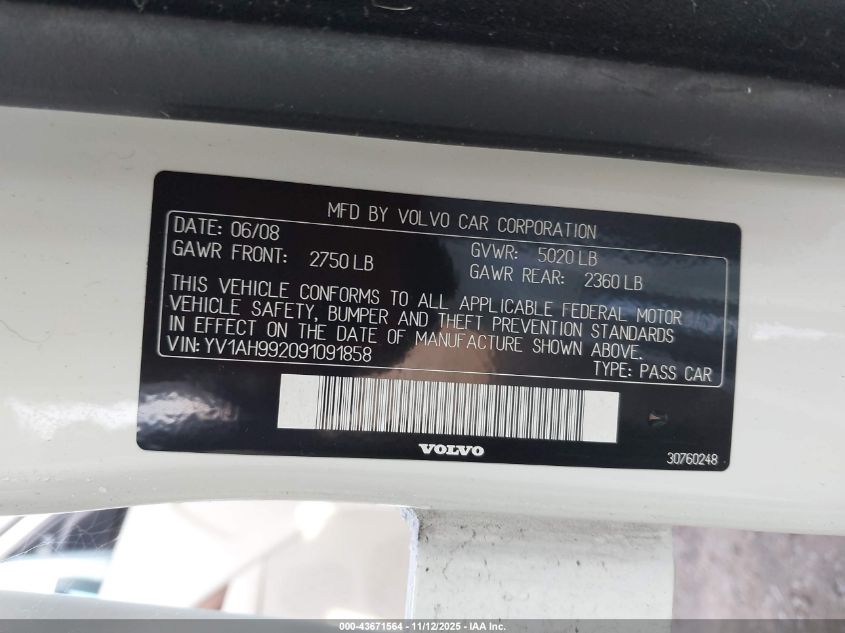 2009 Volvo S80 T6 VIN: YV1AH992091091858 Lot: 43671564