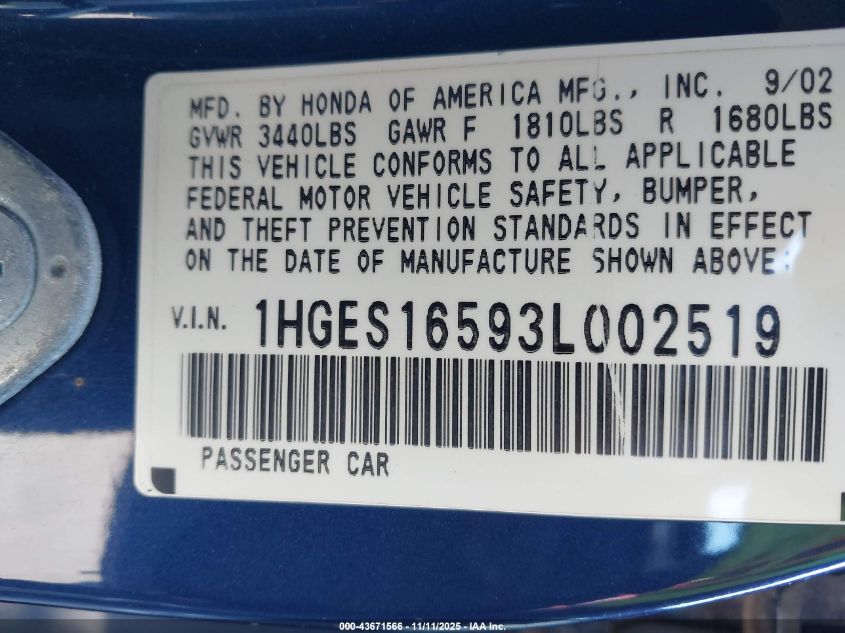 2003 Honda Civic Lx VIN: 1HGES16593L002519 Lot: 43671566