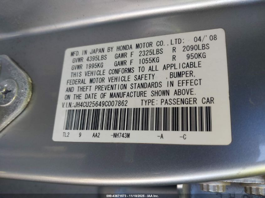 2009 Acura Tsx VIN: JH4CU25649C007862 Lot: 43671573