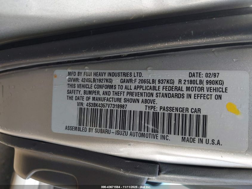 1997 Subaru Legacy L/Postal Right-Hand Drive VIN: 4S3BK4357V7318987 Lot: 43671584