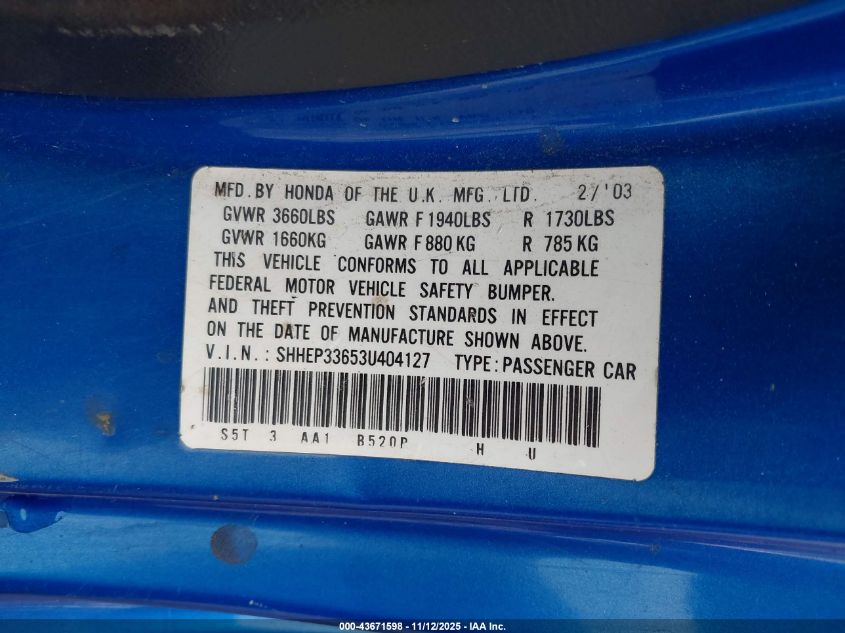 2003 Honda Civic Si VIN: SHHEP33653U404127 Lot: 43671598