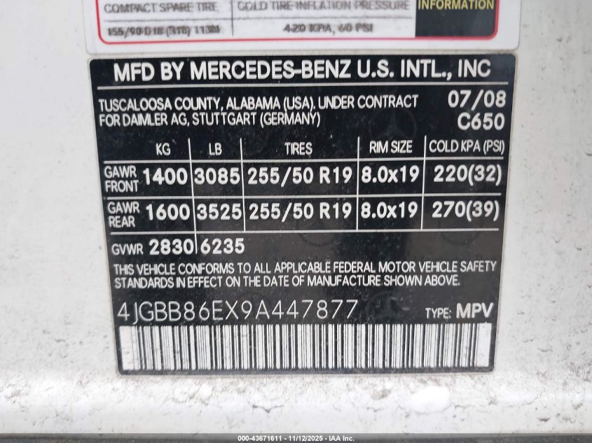 2009 Mercedes-Benz Ml 350 4Matic VIN: 4JGBB86EX9A447877 Lot: 43671611