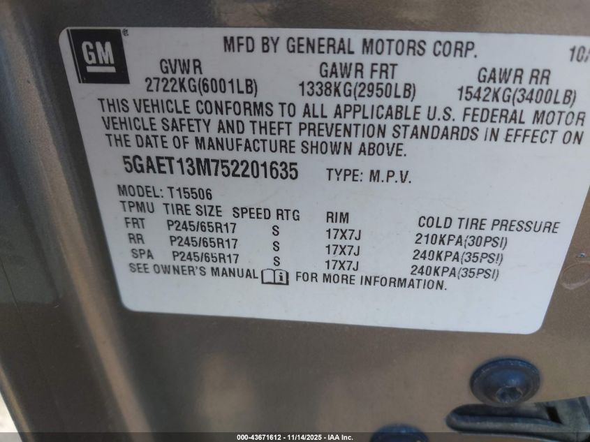 2005 Buick Rainier Cxl VIN: 5GAET13M752201635 Lot: 43671612