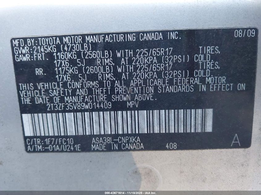 2009 Toyota Rav4 VIN: 2T3ZF35V89W014409 Lot: 43671614