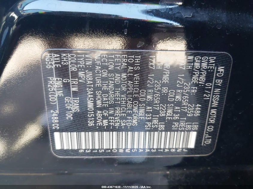 2021 NISSAN ROGUE S FWD - JN8AT3AA5MW015136