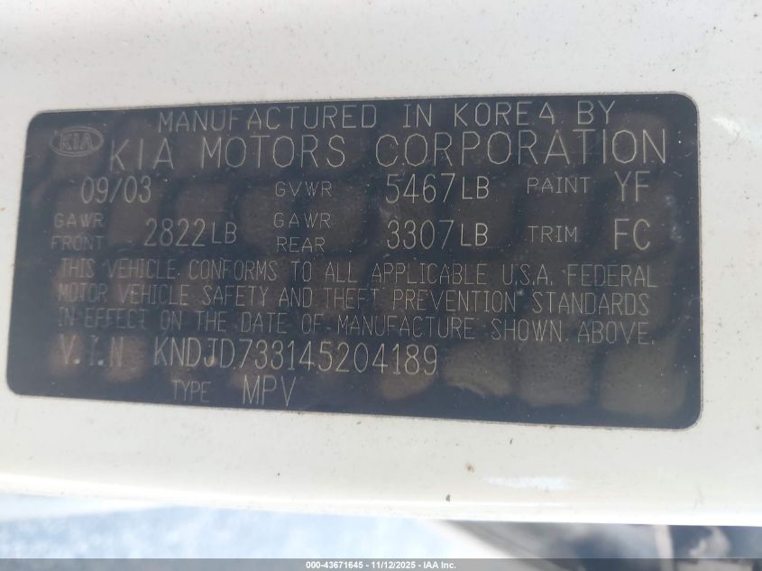 2004 Kia Sorento Ex/Lx VIN: KNDJD733145204189 Lot: 43671645