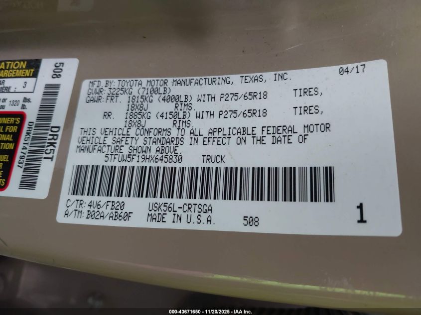 2017 Toyota Tundra Sr5 5.7L V8 VIN: 5TFUW5F19HX645830 Lot: 43671650