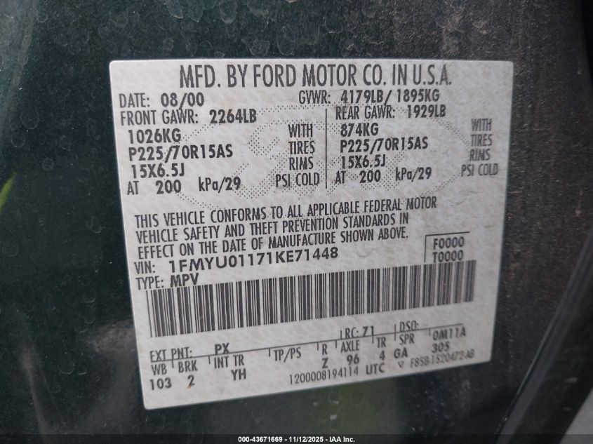 2001 Ford Escape Xls VIN: 1FMYU01171KE71448 Lot: 43671669