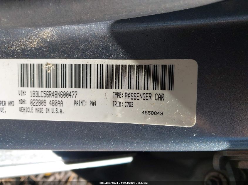 2008 Dodge Avenger Sxt VIN: 1B3LC56R48N600477 Lot: 43671674