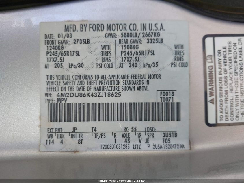 2003 Mercury Mountaineer VIN: 4M2DU86K43ZJ18625 Lot: 43671680