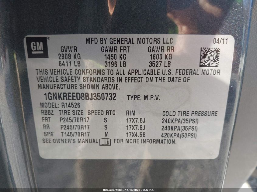 2011 Chevrolet Traverse Ls VIN: 1GNKREED8BJ350732 Lot: 43671688