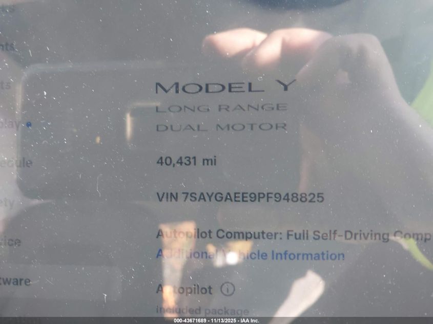 2023 Tesla Model Y Awd/Long Range Dual Motor All-Wheel Drive VIN: 7SAYGAEE9PF948825 Lot: 43671689