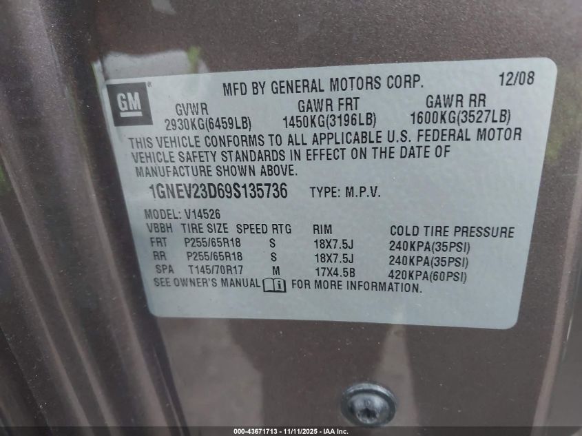 2009 Chevrolet Traverse Lt VIN: 1GNEV23D69S135736 Lot: 43671713