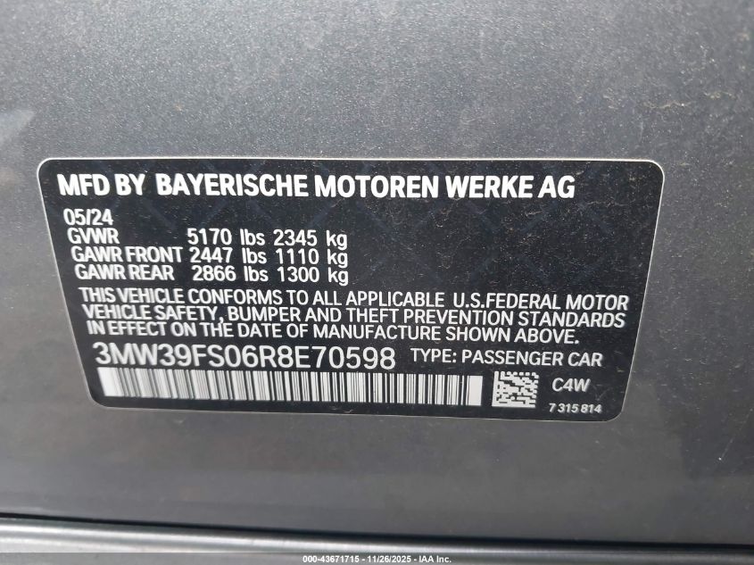 2024 BMW 330E xDrive VIN: 3MW39FS06R8E70598 Lot: 43671715